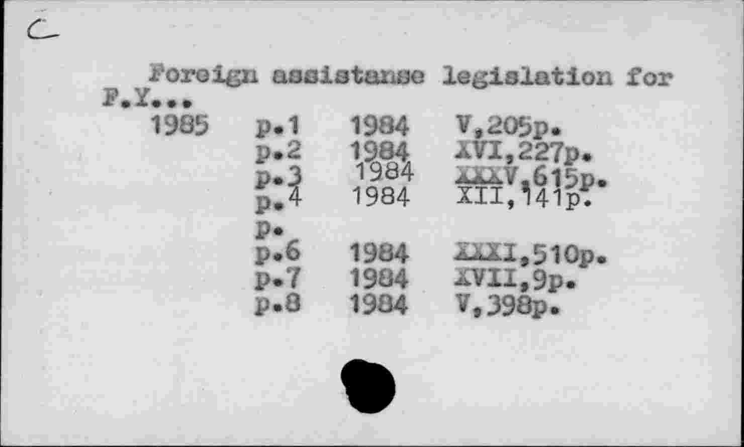 ﻿i'oroign assistasse legislation for F.X...
1985	p.1 p.2 P*3 P*4 P.7 p.8	1984	V,205p. 1984	XVI,227p. 1984 axJ.615p. 1984 XII,Wp? 1984 AÀXl,5i0p. 1984	XVII,9p. 1984	V,398p.